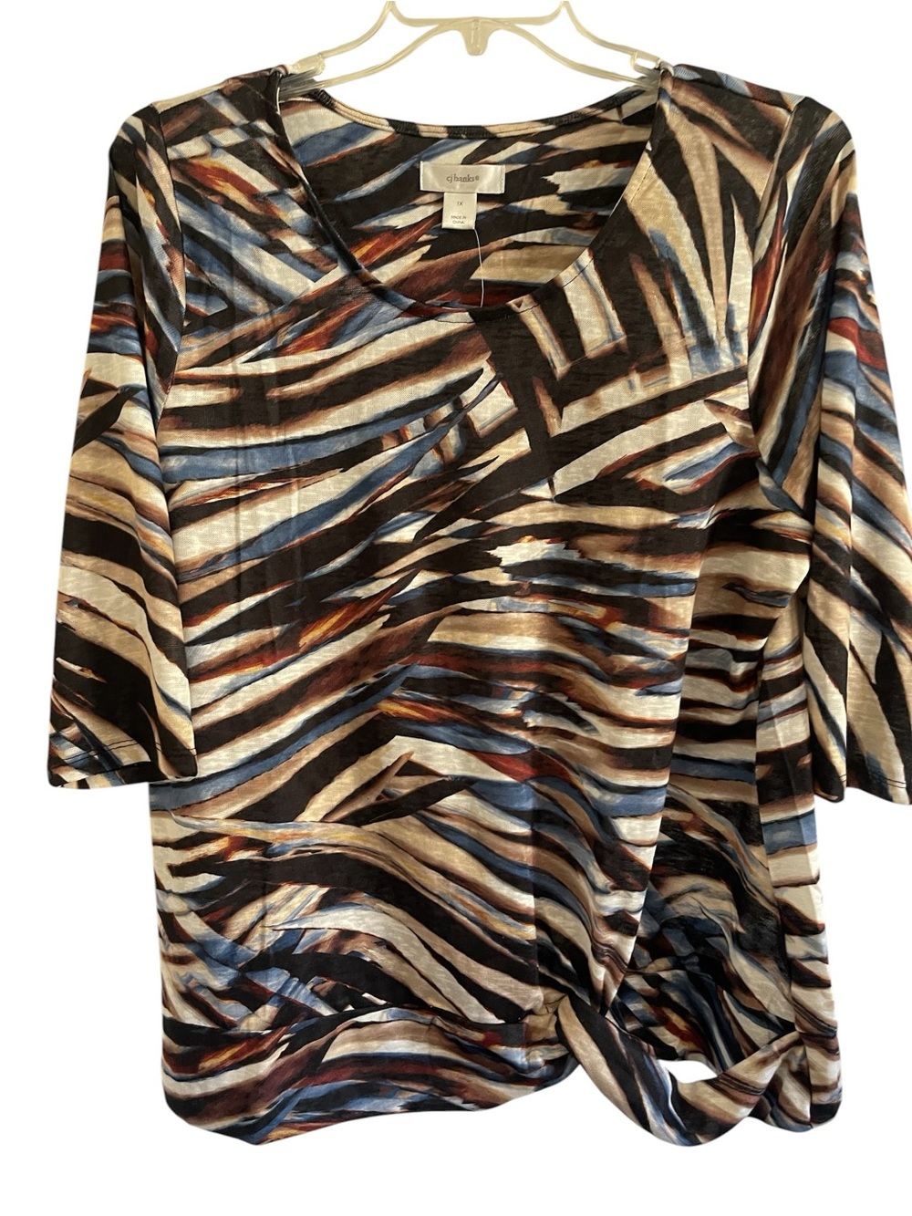 CJ Banks Side Knot Detail 3/4 Sleeves Multicolored Abstract Pattern Top Size 1X